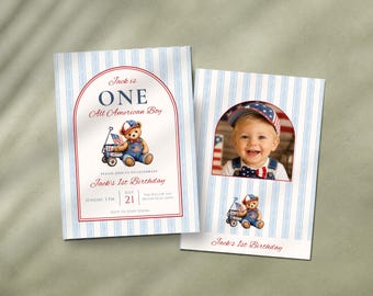 All American Boy 1st Birthday Invitation Template, Editable First Birthday Invite, Patriotic Teddy Bear Birthday Invitation, Canva Template