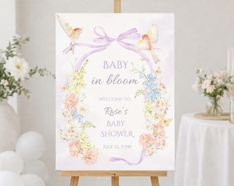 Baby in Bloom Baby Shower Welcome Sign, Editable Template, Floral Baby Shower Sign, Lavender Bow Bird Theme, Printable Poster