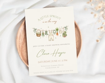 Little Sprout Baby Shower Invitation Template, Editable Neutral Baby Shower Invite, Botanical Canva Invitation Download