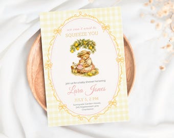Baby Girl Baby Shower Invitation Editable Canva Template, Lemon Baby Shower Invite, Teddy Bear Baby Shower Invite, Yellow Pink Printable