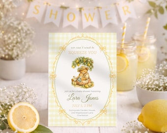 Lemon Baby Shower Invitation Template, Vintage Teddy Bear Baby Shower Invite, Neutral Yellow Baby Shower, Editable Canva Template, Printable