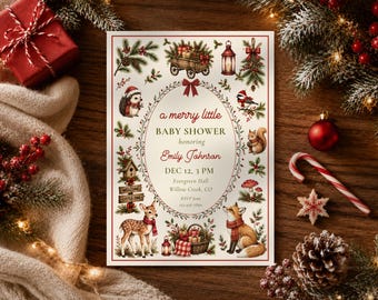 Christmas Baby Shower Invitation Template, Woodland Baby Shower Invite, Editable Canva Template, Winter Baby Shower, Printable Invite