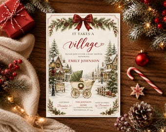It Takes a Village Christmas Baby Shower Invitation, Winter Village Baby Shower Invite, Editable Canva Template, Printable Invite