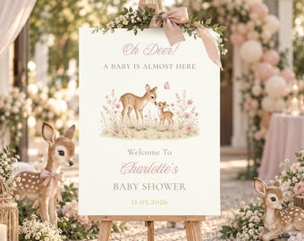 Oh Deer Baby Shower Welcome Sign Template | Woodland Deer Baby Shower Sign | Editable Canva Welcome Poster | Instant Download