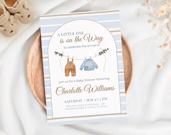 Baby Shower Invitation Template Boy Neutral Blue Beige Clothesline Editable Canva Little One On The Way Printable Invite