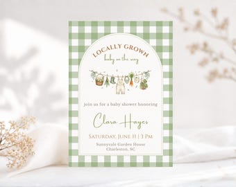 Locally Grown Baby Shower Invitation, Green Gingham, Cottagecore, Editable Canva (Digital Download)