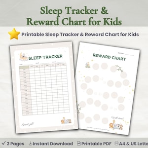May include: Printable sleep tracker and reward chart for kids. The sleep tracker has a grid for tracking sleep times. The reward chart has circles for stickers. The text says "Sleep Tracker & Reward Chart for Kids".