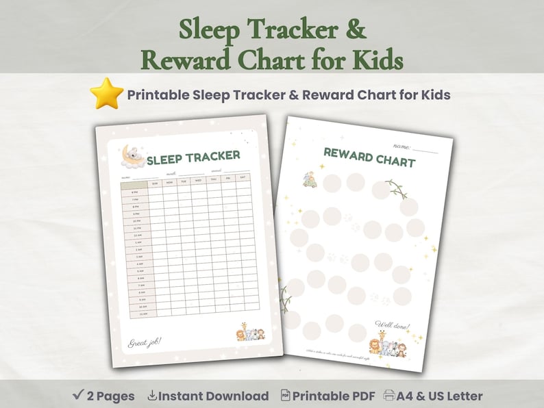 May include: Printable sleep tracker and reward chart for kids. The sleep tracker has a grid for tracking sleep times. The reward chart has circles for stickers. The text says "Sleep Tracker & Reward Chart for Kids".