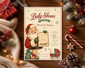 Vintage Christmas Baby Shower Invitation Template | Santa Holiday Baby Shower | Winter Baby Shower Invite | Editable Canva Template