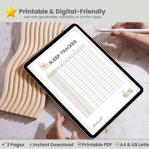 May include: A digital sleep tracker displayed on a tablet. The tracker has a grid layout with time slots and spaces for daily entries. The text "SLEEP TRACKER" is at the top. The image also includes the text "Printable & Digital-Friendly" and "Great job!"