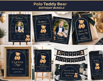 Polo Teddy Bear First Birthday Bundle, Preppy Teddy Bear 1st Birthday Invitation Template, Preppy Plaid Birthday Party, Editable Canva