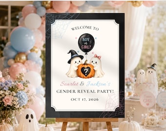 Halloween Gender Reveal Welcome Sign, Little Boo Baby Shower Sign, Boy or Girl Party Decor, Editable Canva Template, Printable Welcome Sign