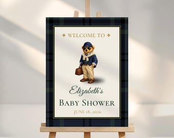 Polo Teddy Bear Baby Shower Welcome Sign, Luxury Preppy Plaid Theme, Navy Green Classic Baby Shower Decor, Editable Canva, Printable