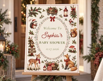 Christmas Woodland Baby Shower Welcome Sign, Winter Baby Shower Sign, Woodland Baby Shower Decor, Printable Welcome Poster, Editable Canva