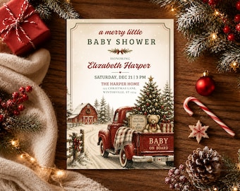 Christmas Baby Shower Invitation Template, Red Truck Baby Shower Invite, Editable Canva Christmas Invite, Vintage Holiday Baby Shower