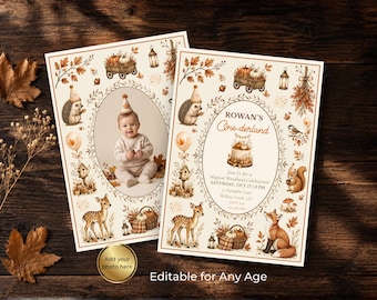 Woodland Fall Birthday Invitation Template, Wild One Birthday Invite, Pumpkin Forest 1st Birthday, Editable Canva, Any Age, Autumn