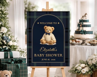 Preppy Teddy Bear Baby Shower Welcome Sign, Navy Plaid Baby Shower Sign Boy, Classic Blue Gold Baby Shower Decor, Editable Canva Template