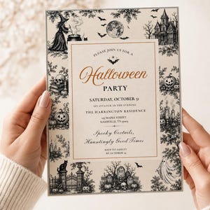 May include: A rectangular Halloween party invitation card featuring a cream-colored background with a black and white border of illustrations including a witch, haunted house, pumpkins, skulls, and ghosts. The text is in black and copper orange.