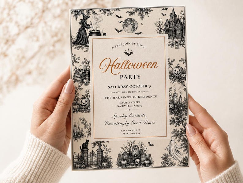 May include: A rectangular Halloween party invitation card featuring a cream-colored background with a black and white border of illustrations including a witch, haunted house, pumpkins, skulls, and ghosts. The text is in black and copper orange.