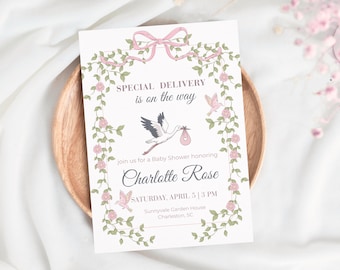 Baby Shower Invitation Girl, Stork Baby Shower Invite, Editable Canva Template, Pink Floral Baby Shower Invitation, Printable Baby Shower