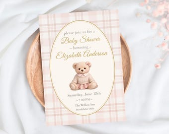 Polo Teddy Bear Baby Shower Invitation, Pink Plaid Baby Shower Invite, Girl Baby Shower, Editable Canva Template, Classic Elegant Baby