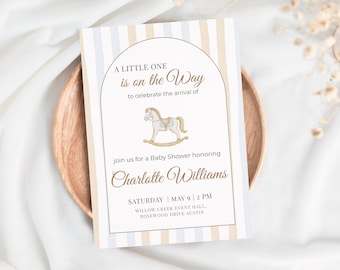 Vintage Rocking Horse Baby Shower Invitation Template | Neutral Elegant Canva Editable Invite