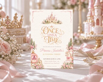 Princess Birthday Invitation, Once Upon a Time Birthday Invite, Pink Princess Party, Editable Canva Template, Photo & Mobile Invitation