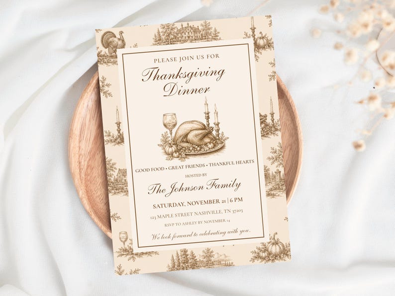 May include: A rectangular Thanksgiving dinner invitation card featuring a cream background with brown toile-style illustrations of turkeys, pumpkins, and landscapes. The text reads: Please join us for Thanksgiving Dinner, The Johnson Family, November 21.