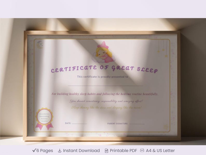 May include: A framed certificate with the text "CERTIFICATE OF GREAT SLEEP" in purple. It features a cartoon illustration of a sleeping child and is designed to encourage healthy sleep habits. The certificate is in a wooden frame.
