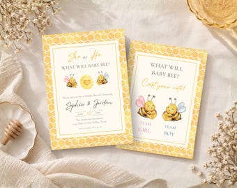 Bee Gender Reveal Invitation & Prediction Card, Honey Bee Baby Shower Invite, What Will Baby Bee, Gender Reveal Party, Team Boy Girl