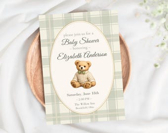 Polo Teddy Bear Baby Shower Invitation, Luxury Preppy Plaid Invite, Elegant Green Baby Shower Template, Editable Canva, Printable & Digital