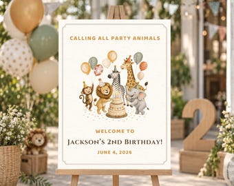 Jungle Safari Birthday Welcome Sign, Wild Animal Birthday Party Sign, Party Animals Editable Canva Template, Instant Download, Any Age
