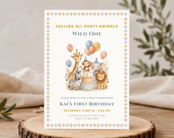 Safari Animal Birthday Invitation Template, Wild One First Birthday Invite,  Editable Printable Canva Invitation