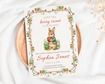 Strawberry Baby Shower Invitation, Berry Sweet Baby Shower Invite, Vintage Bunny Theme, Editable Canva Template, Printable, Instant Download