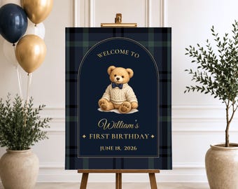 Polo Teddy Bear First Birthday Welcome Sign, Preppy Classic Luxury Boy 1st Birthday Party Decor, Editable Canva Template