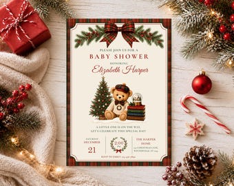 Preppy Teddy Bear Christmas Baby Shower Invitation Template, Editable Canva Invite, Plaid Holiday Baby Shower, Winter Teddy Bear Invite