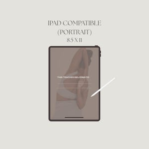 May include: An iPad in portrait orientation, showing a yoga pose and the text "THIS TRACKER BELONGS TO." The screen measures 21.6 x 27.9 cm. A white stylus is positioned near the screen.