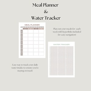 May include: A digital meal planner and water tracker in a neutral colour scheme. The meal planner has a grid layout for daily meal planning. The water tracker features a chart for tracking daily water intake. Text includes "Meal Planner & Water Tracker".