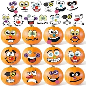 May include: A collection of orange pumpkins decorated with various cartoon face stickers, including eyes, noses, and mouths. Above the pumpkins, a sheet of individual sticker designs features diverse expressions, including winking, smiling, and skull-like faces with eye patches, all rendered in bright colors.