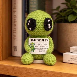 Op de afbeelding: Een groene gehaakte alienfiguur met grote zwarte ogen en een wit bord met de tekst "POSITIVE ALIEN". Op het bord staat ook "YOU'RE THE BEST THING I'VE EVER FOUND ON EARTH."