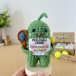 Pickleball gehaakt augurk cadeau, amigurumi pickleball kampioen met racket en bal, sportfan bureau decor, handgemaakte grappige augurk cadeau voor speler