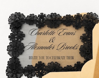Invitación de boda de encaje negro / Invitación de boda gótica / Invitación romántica con sobre negro / Conjunto de boda de encaje de lujo
