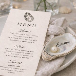 Oyster Shell Place Card Menu Set, Coastal Wedding Table Decor, Personalized Beach Place Setting