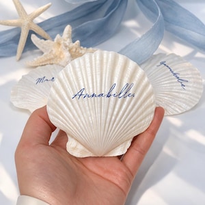 Natural Scallop Shell Place Cards, Dusty Blue Calligraphy, Beach Wedding Seating, Coastal Decor