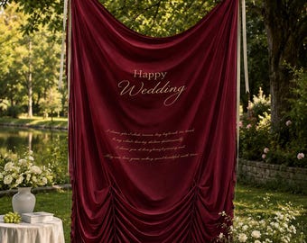 Banner de boda personalizado de seda color merlot – Fondo romántico oscuro