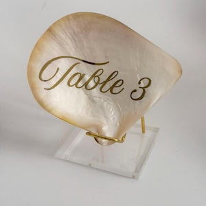 Könnte beinhalten: Ein Tischkartenhalter aus perlmuttfarbener Muschelschale. Auf der Schale steht in goldener Schrift "Table 3". Die Muschel ist auf einem transparenten Acrylsockel mit einem goldfarbenen Metallständer befestigt.