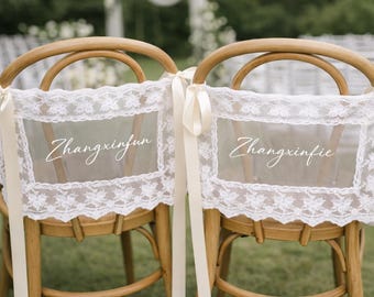 Juego de 2 letreros personalizados de encaje para sillas de boda, decoración para novios, elegante recepción para despedida de soltera.