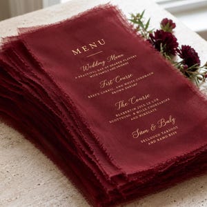 Custom Wedding Menu in Silk-Linen Blend, 4 × 9 Inch Card with Gold Foil Lettering