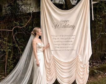 Fondo de seda personalizado para bodas, pancarta drapeada para la ceremonia, letrero con cita de amor personalizada