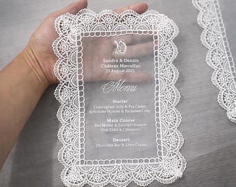 Menús de boda con encaje, decoración romántica para la mesa, menú vintage para despedida de soltera.